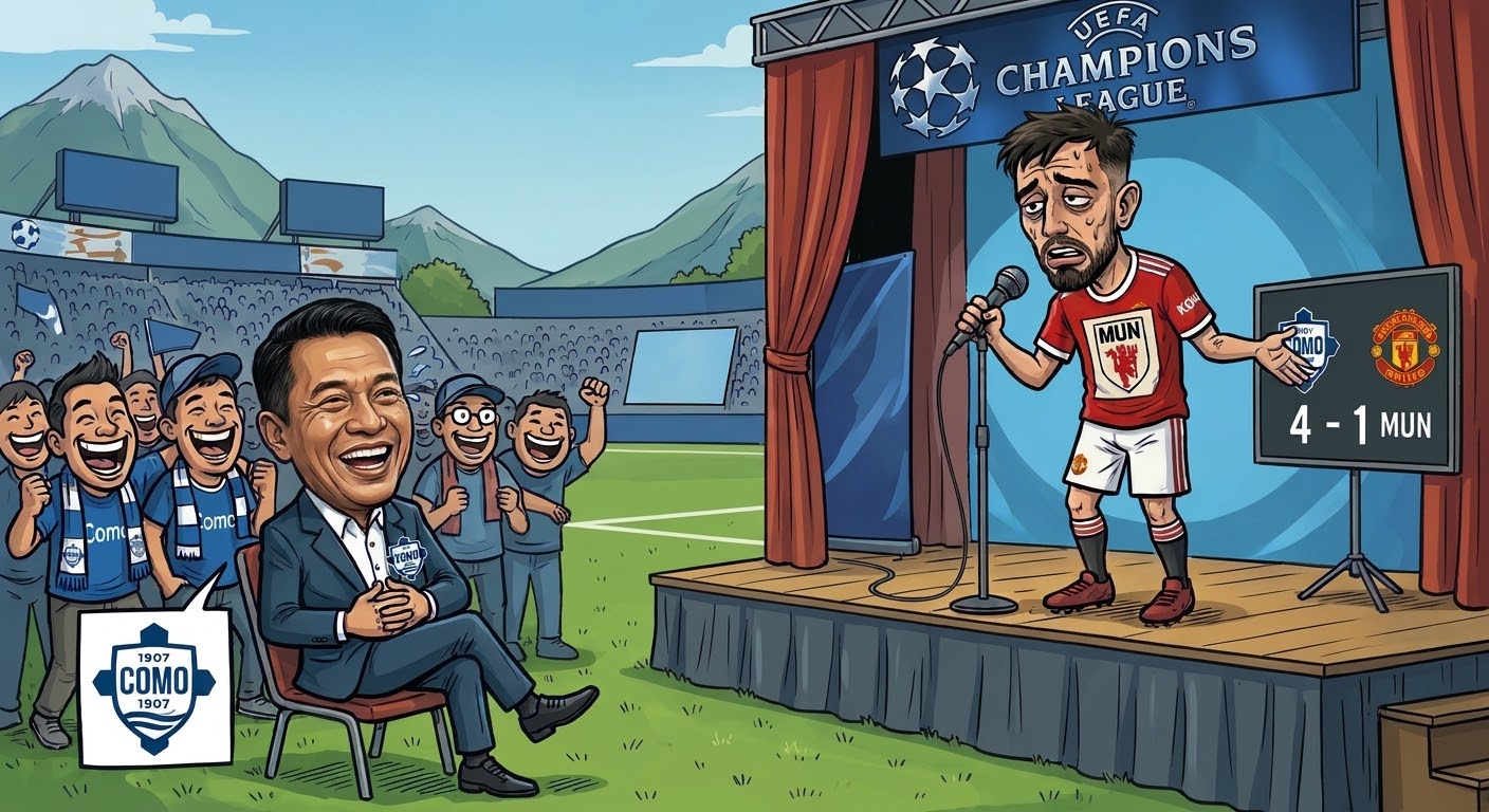 Karikatur editorial pertandingan Como vs Manchester United: Mengilustrasikan skuad Manchester United yang tampil bak komika di atas panggung open mic dengan materi pecah, disaksikan jajaran manajemen Como dan pendukung tuan rumah yang tertawa lepas di tribune Giuseppe Sinigaglia. Laga berakhir deng