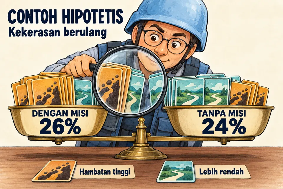 Angka gabungan dapat menyamarkan perbedaan keadaan awal kelompok yang dibandingkan. Angka 26% dan 24% merupakan contoh hipotetis kekerasan berulang, bukan hasil penelitian maupun bukti pengaruh sebab-akibat misi perdamaian.