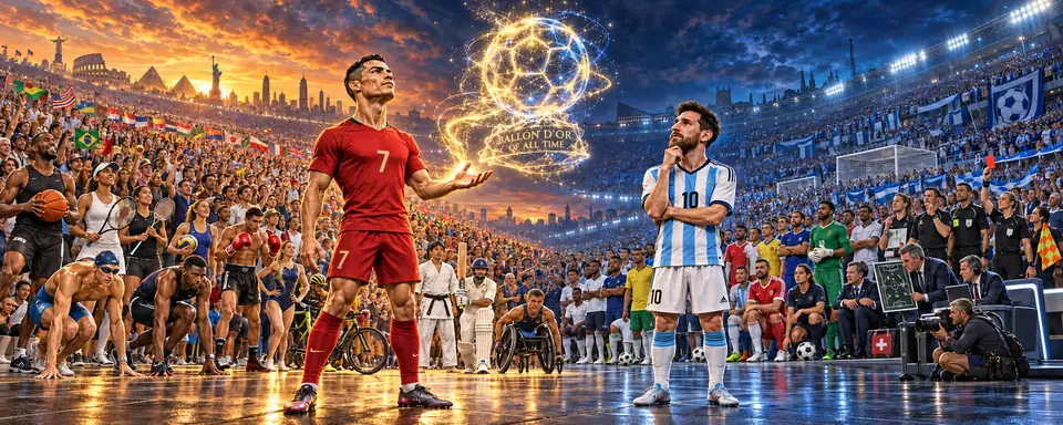 Ronaldo berdiri di depan pendukung berbagai olahraga, Messi di depan unsur sepak bola, dengan piala hologram rekaan di antara mereka.