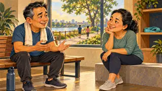 Karikatur konseptual dua peserta dewasa rekaan membahas jenis aktivitas di ruang komunitas dengan perlengkapan netral, tanpa memperagakan program latihan.