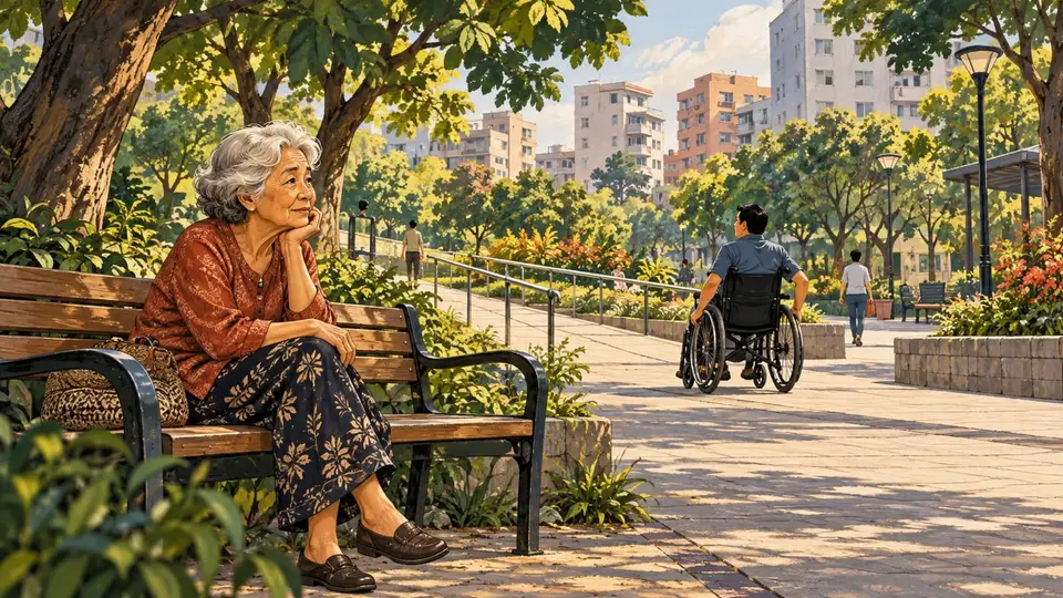 Karikatur konseptual warga rekaan menikmati taman lingkungan dengan jalur landai dan tempat duduk, tanpa menggambarkan penyembuhan atau hasil pengukuran.