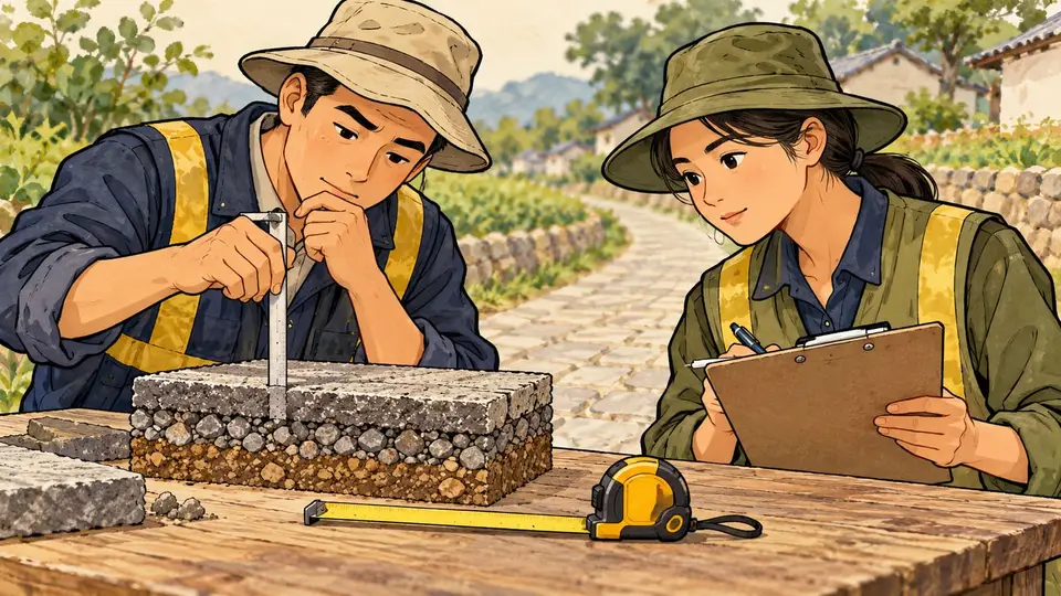 Karikatur konseptual dua pemeriksa dewasa membandingkan catatan kosong dan model bahan jalan sebagai gambaran pengukuran proyek. Adegan rekaan.