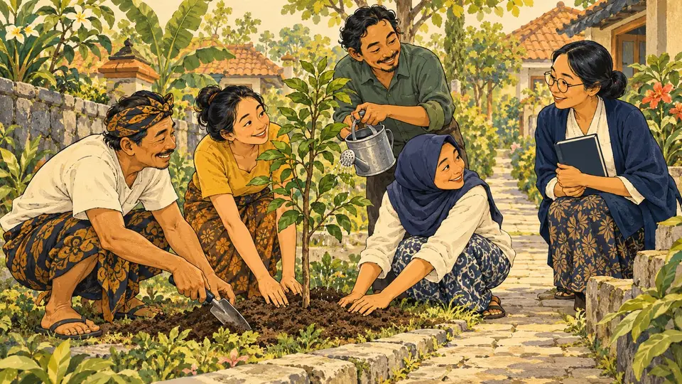 Karikatur konseptual warga dewasa merawat pohon di ruang bersama sebagai refleksi hubungan nilai dan tanggung jawab sosial. Tokoh dan adegan rekaan.