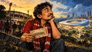 Karikatur konseptual: Pendukung sepak bola mengenang stadion melalui tiket dan rancangan bangunan. Bukan foto kejadian atau potret tokoh sebenarnya.