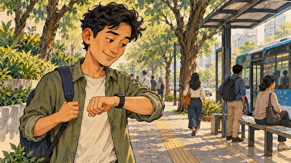 Karikatur konseptual orang dewasa rekaan berjalan santai menuju halte sambil memperhatikan perangkat pencatat gerak tanpa angka target.