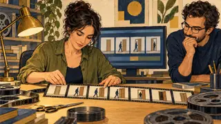 Karikatur konseptual penyunting film menyusun urutan gambar di meja kerja untuk menggambarkan pilihan alur dan ritme. Adegan rekaan.