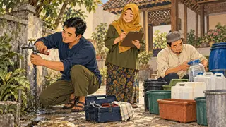 Karikatur konseptual warga memperbaiki keran dan memeriksa kebiasaan pengelolaan barang di halaman bersama. Tokoh dan adegan rekaan.