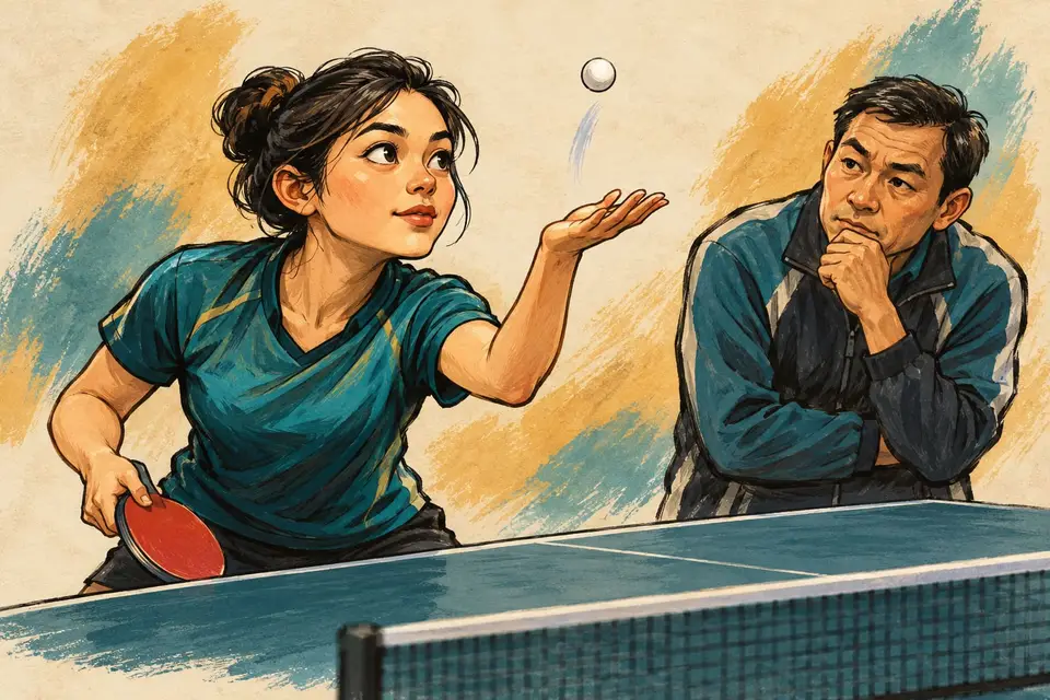 Karikatur konseptual pemain tenis meja menyiapkan bola di telapak terbuka untuk servis.