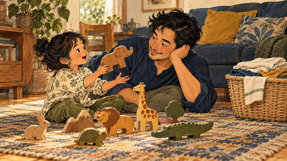 Karikatur konseptual ayah dan anak rekaan bermain bersama mengikuti rasa ingin tahu anak, tanpa tuntutan prestasi atau stereotip permainan.