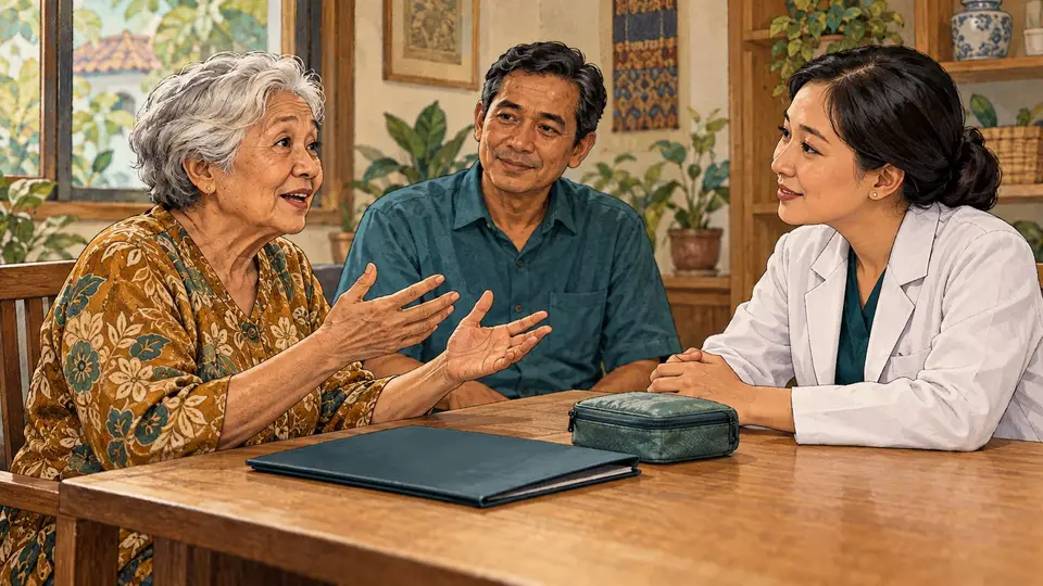 Karikatur konseptual lansia rekaan meninjau catatan pengobatan bersama tenaga kesehatan, dengan wadah obat tertutup tanpa dosis atau instruksi perubahan.
