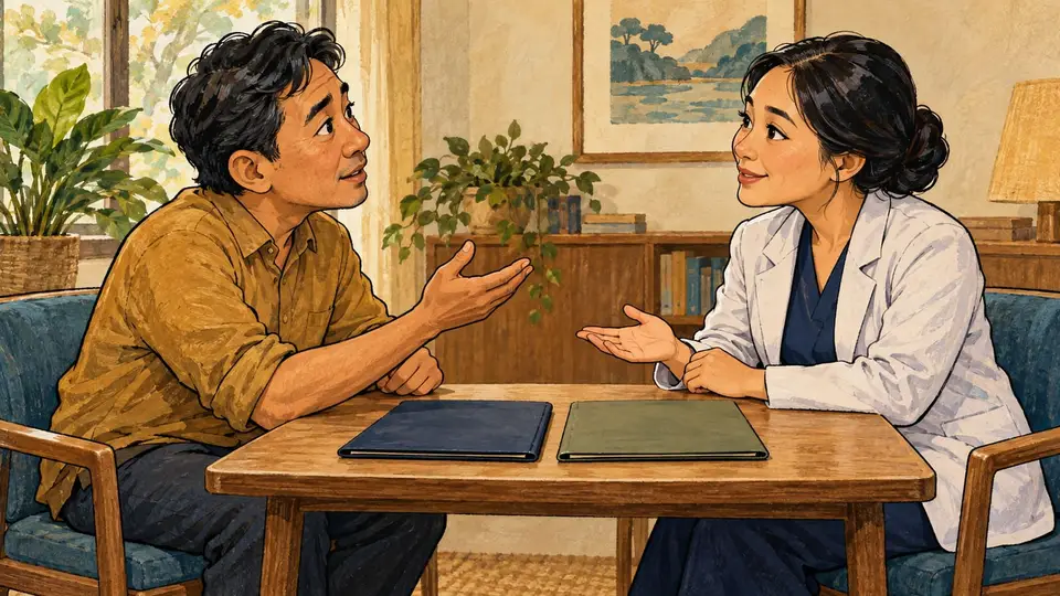 Karikatur konseptual pasien dewasa rekaan dan tenaga kesehatan mendiskusikan pilihan perawatan dengan berkas netral tanpa janji hasil.