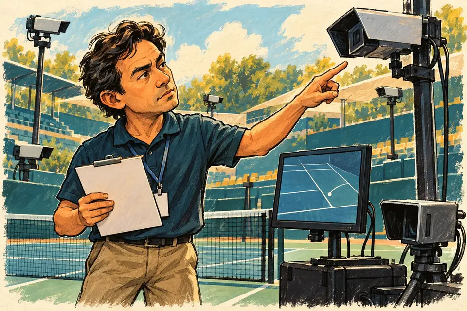 Karikatur konseptual pemeriksaan perangkat electronic line calling pada lapangan tenis.