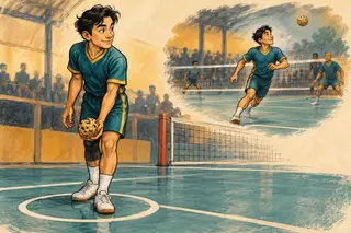 Karikatur konseptual tekong pada lingkaran servis dan pergerakan pemain takraw saat reli.