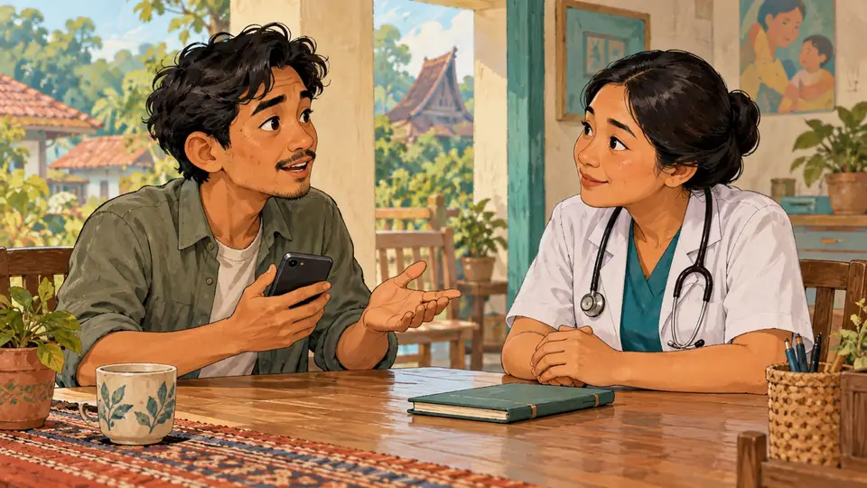 Karikatur konseptual pengguna dewasa rekaan membawa pertanyaan dari ponsel tertutup ke percakapan dengan tenaga kesehatan, bukan hasil diagnosis digital.