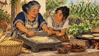Karikatur konseptual dua pelaku kuliner dewasa memperkenalkan pengolahan jagung dengan bahan dan kebun di sekitarnya. Tokoh dan adegan rekaan, bukan dokumentasi komunitas tertentu.