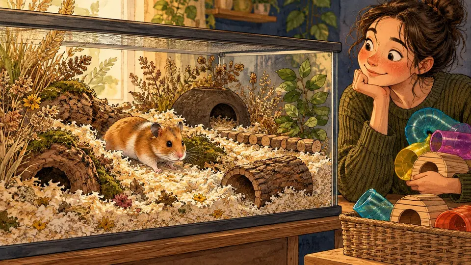 Karikatur konseptual hamster bereksplorasi melalui ruang terbuka dan tempat berlindung; banyak aksesori dibedakan dari ruang yang dapat digunakan.