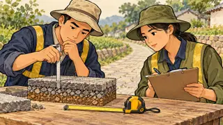 Karikatur konseptual dua pemeriksa dewasa membandingkan catatan kosong dan model bahan jalan sebagai gambaran pengukuran proyek. Adegan rekaan.