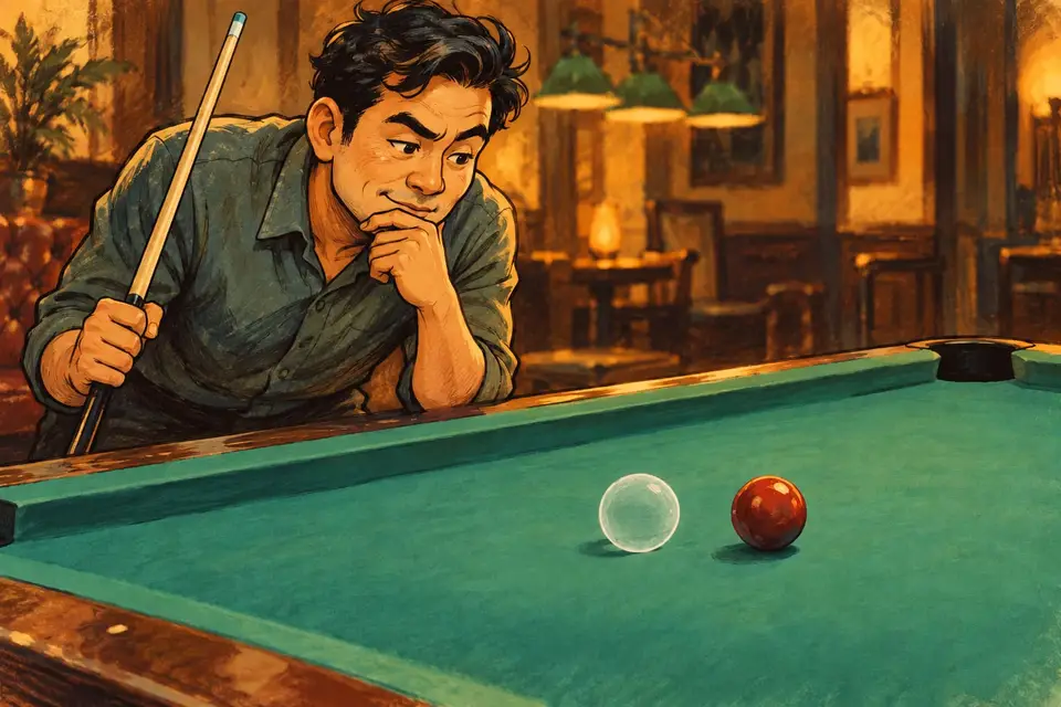 Karikatur konseptual pemain biliar membayangkan posisi ghost ball sebagai alat bantu arah benturan.
