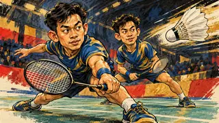 Karikatur konseptual: Dua pemain badminton fiktif menyesuaikan permainan dengan laju shuttlecock. Bukan foto kejadian atau potret tokoh sebenarnya.