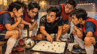 Karikatur konseptual: Tim futsal fiktif mendiskusikan pola permainan bersama. Bukan foto kejadian atau potret tokoh sebenarnya.