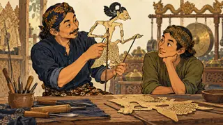 Karikatur konseptual pelaku wayang dewasa memperkenalkan bentuk boneka dan keterampilan pengerjaan kepada seorang pembelajar. Tokoh dan adegan rekaan.