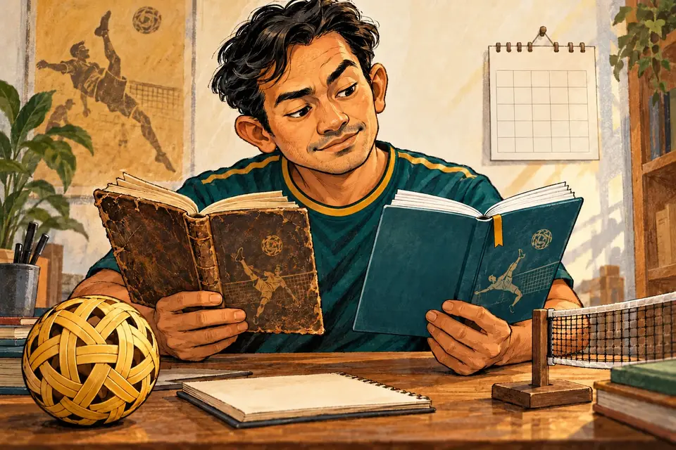 Karikatur konseptual pembaca membandingkan versi buku aturan takraw di samping bola anyaman.