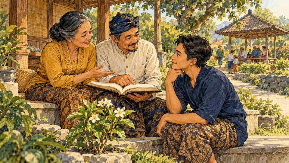 Karikatur konseptual pembelajar dewasa mendengarkan orang tua dan pendidik di ruang belajar terbuka sebagai refleksi hubungan belajar dan penghormatan. Adegan rekaan.