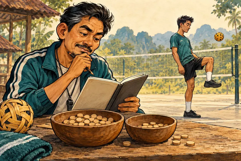 Karikatur konseptual pelatih takraw mencatat percobaan servis dengan penanda sederhana.