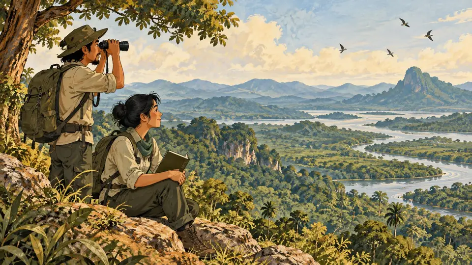 Karikatur konseptual petugas konservasi rekaan mengamati habitat dengan teropong dan catatan netral, menggambarkan pemantauan setelah kegiatan pelepasliaran.