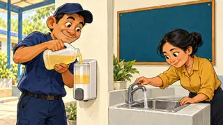Karikatur petugas mengisi persediaan sabun dan memeriksa keran pada fasilitas cuci tangan.
