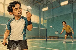 Karikatur konseptual pemeriksaan shuttle dan uji terbang badminton, berbeda dari adu keras smes.