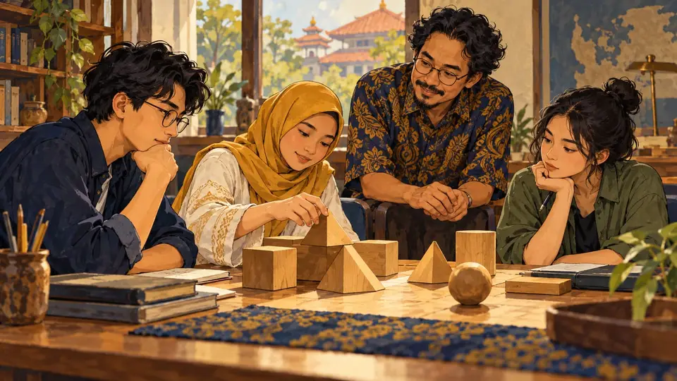 Karikatur konseptual mahasiswa dewasa dan pengajar mendiskusikan susunan model geometri untuk menjelaskan alasan jawaban. Adegan rekaan.