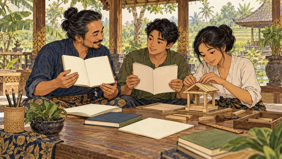 Karikatur konseptual kegiatan belajar dan penggunaan pengetahuan secara teliti di ruang bersama. Tokoh rekaan tanpa penggambaran figur sakral.