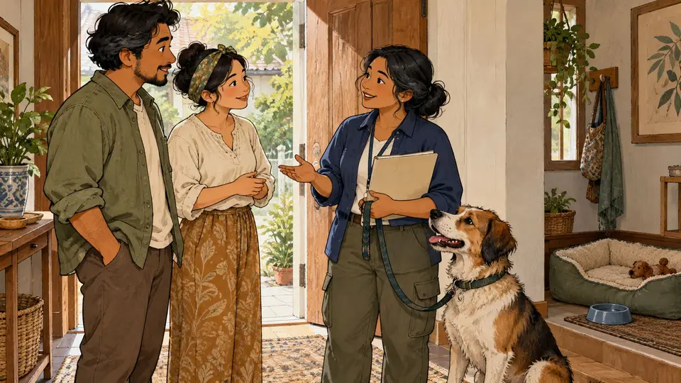 Karikatur konseptual calon pengasuh rumah singgah dan pendamping rekaan membahas rencana, dengan tempat istirahat anjing yang sudah disiapkan.