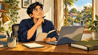 Karikatur konseptual peserta pelatihan kerja rekaan menyiapkan komputer dan berkas di rumah, tanpa menggambarkan fasilitas perusahaan.