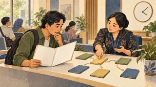 Karikatur konseptual pengunjung dewasa meminta penjelasan berkas di meja layanan, dengan jalur map sebagai kiasan proses administrasi. Adegan rekaan.