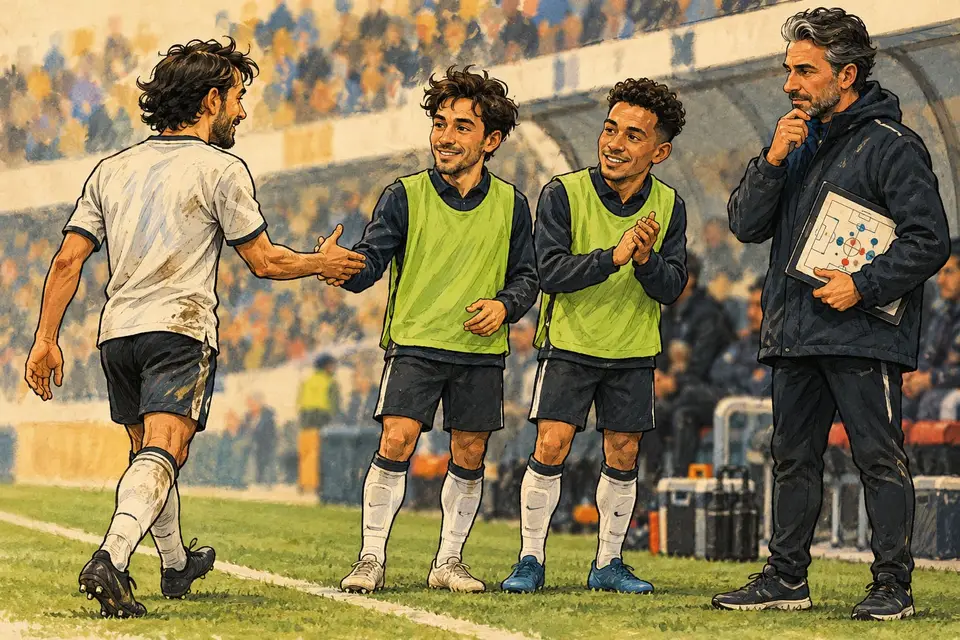 Karikatur konseptual dua pemain pengganti menunggu bersama pada satu jeda permainan sepak bola.