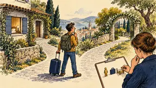Karikatur konseptual pengunjung dengan koper dan dua jalur perjalanan sebagai kiasan perbedaan orang, perjalanan dan kunjungan menginap. Adegan rekaan.