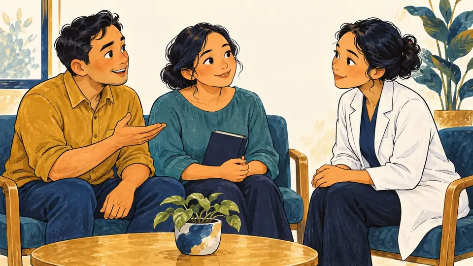 Karikatur dua orang tua berdiskusi dengan tenaga kesehatan yang memberi ruang untuk bertanya.