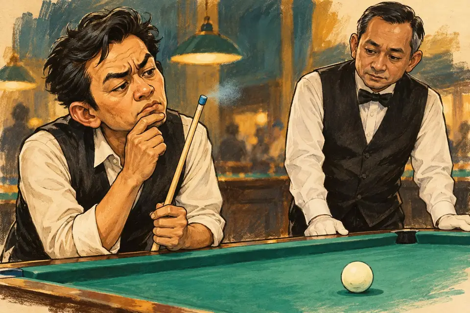 Karikatur konseptual pemain dan ofisial biliar memeriksa ujung stik serta area bola setelah miscue.