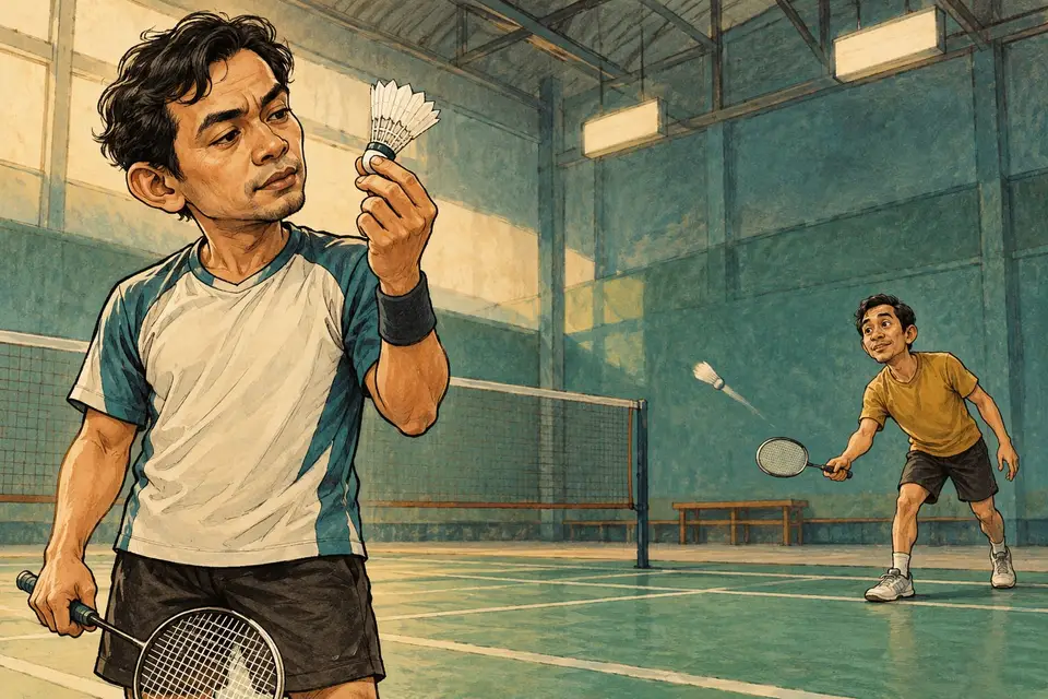 Karikatur konseptual pemeriksaan shuttle dan uji terbang badminton, berbeda dari adu keras smes.