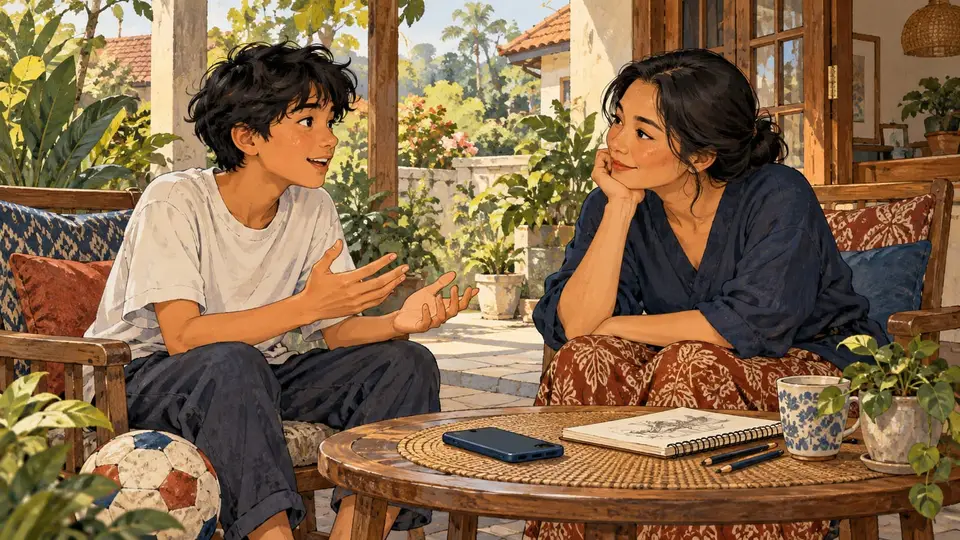 Karikatur konseptual remaja dan pengasuh rekaan berbincang setara mengenai pengalaman daring, dengan ponsel diletakkan tertutup di meja.
