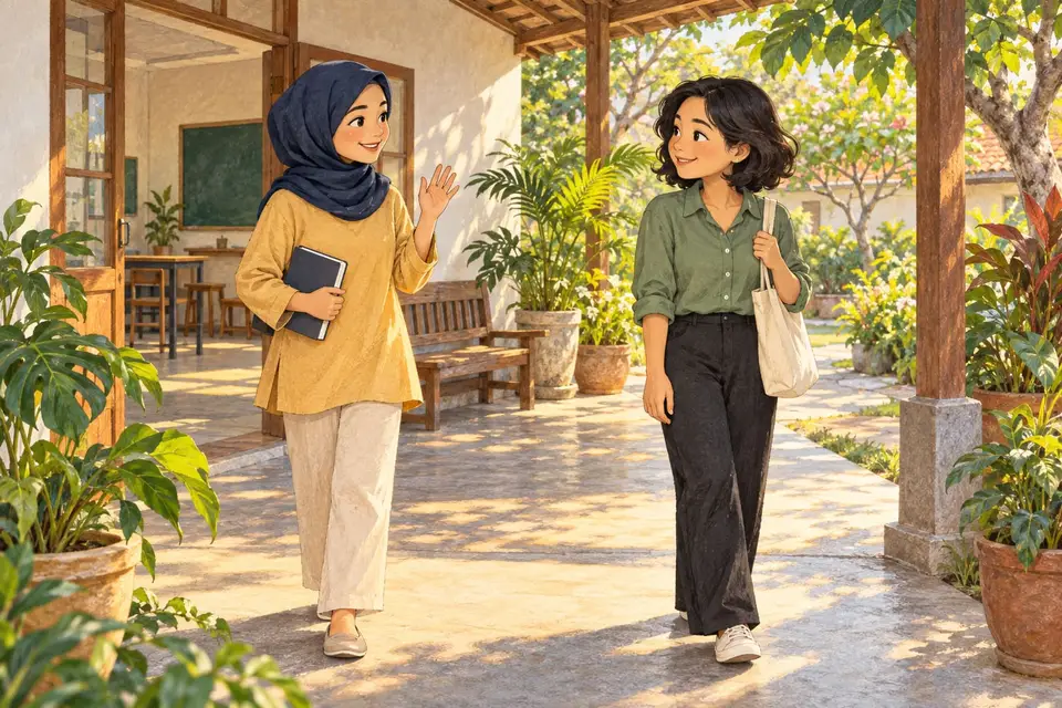 Karikatur dua perempuan dewasa saling menyapa singkat setelah kegiatan belajar, dengan jarak nyaman dan jalan terbuka untuk melanjutkan kegiatan masing-masing. Tokoh dan adegan rekaan.