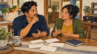 Karikatur konseptual pasangan dewasa rekaan membicarakan kebutuhan rumah tangga melalui catatan dan amplop polos, tanpa nasihat keuangan atau prediksi hubungan.