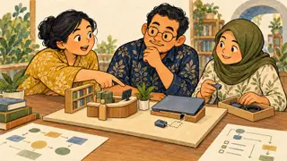 Karikatur konseptual tim perpustakaan menjalankan latihan meja dengan model layanan dan komponen cadangan. Tokoh dan adegan rekaan.