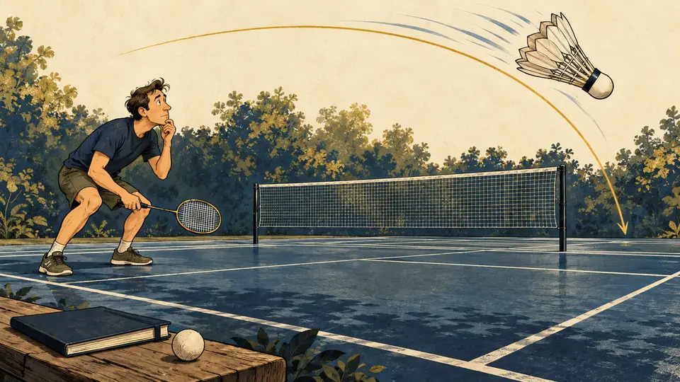 Karikatur konseptual pengamat rekaan menelaah lintasan shuttle yang melambat dan jatuh curam di lapangan badminton.