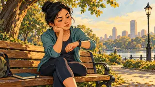 Karikatur konseptual pengguna dewasa rekaan mempertimbangkan catatan jam olahraga yang layarnya tidak menampilkan angka, tanpa target energi pribadi.