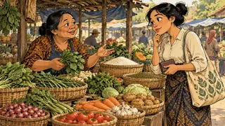 Karikatur konseptual pembeli dan penjual rekaan membicarakan pilihan bahan pangan di pasar tanpa harga atau penilaian moral pembeli.
