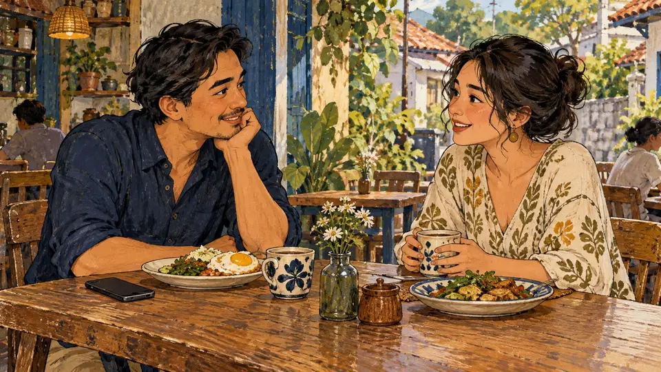 Karikatur konseptual pasangan dewasa rekaan menyepakati perhatian saat makan bersama, dengan ponsel tertutup tanpa memeriksa pesan pribadi.