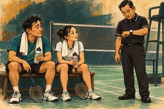 Karikatur konseptual pemain badminton beristirahat saat interval dengan petugas memperhatikan waktu.